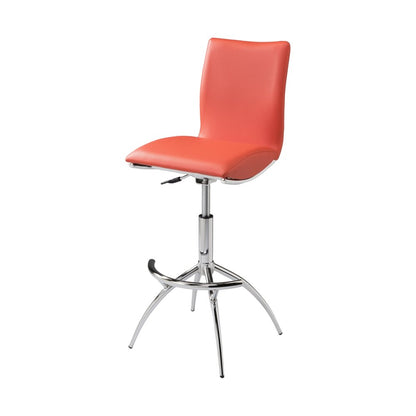 Set of Two Orange And Silver Faux Leather And Metal Low Back Adjustable Height Swivel Bar Chairs HomeRoots