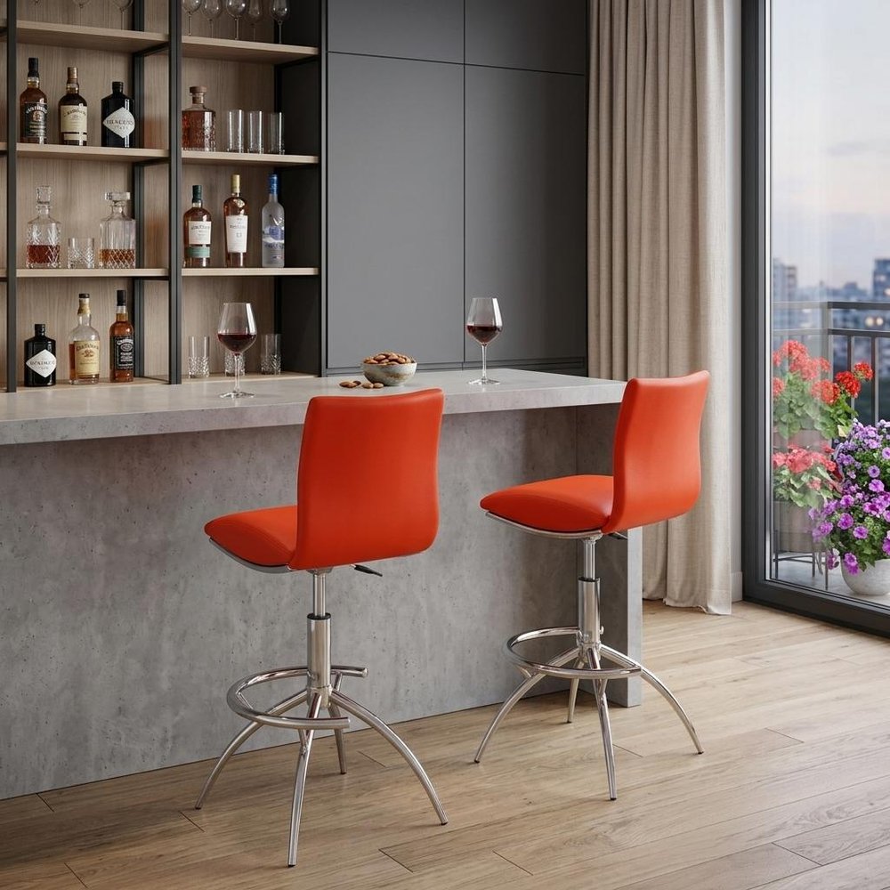 Set of Two Red And Silver Faux Leather And Metal Low Back Adjustable Height Swivel Bar Chairs HomeRoots