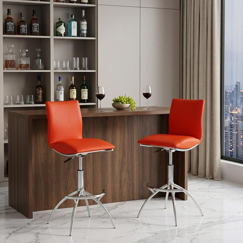 Set of Two Red and Silver Faux Leather and Metal Low Back Adjustable Height Bar Chairs HomeRoots