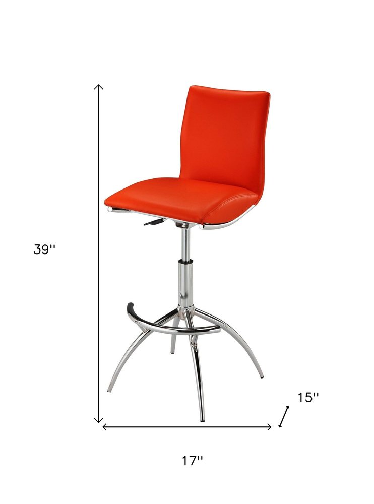 Set of Two Red And Silver Faux Leather And Metal Low Back Adjustable Height Swivel Bar Chairs HomeRoots