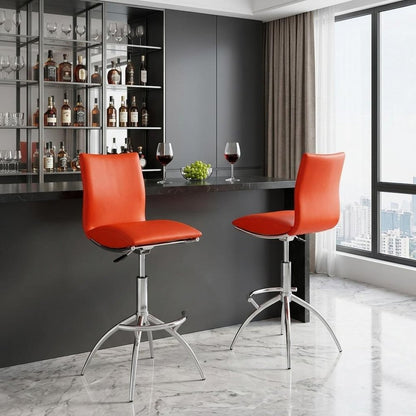 Set of Two Red And Silver Faux Leather And Metal Low Back Adjustable Height Swivel Bar Chairs HomeRoots