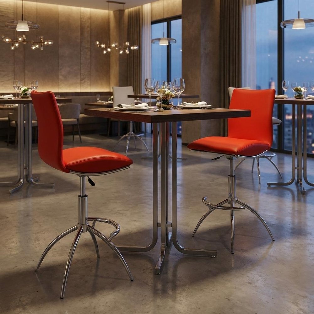 Set of Two Red And Silver Faux Leather And Metal Low Back Adjustable Height Swivel Bar Chairs HomeRoots