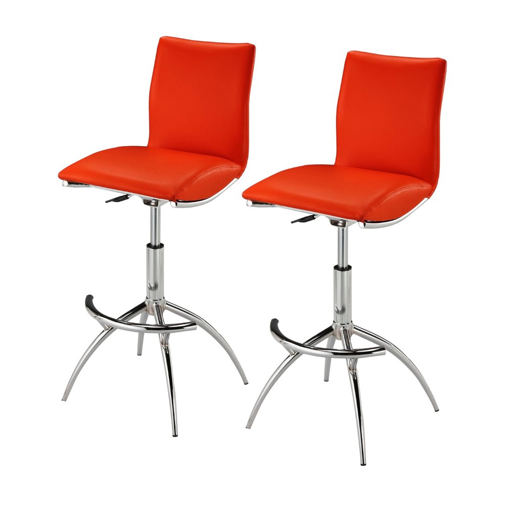 Set of Two Red And Silver Faux Leather And Metal Low Back Adjustable Height Swivel Bar Chairs HomeRoots