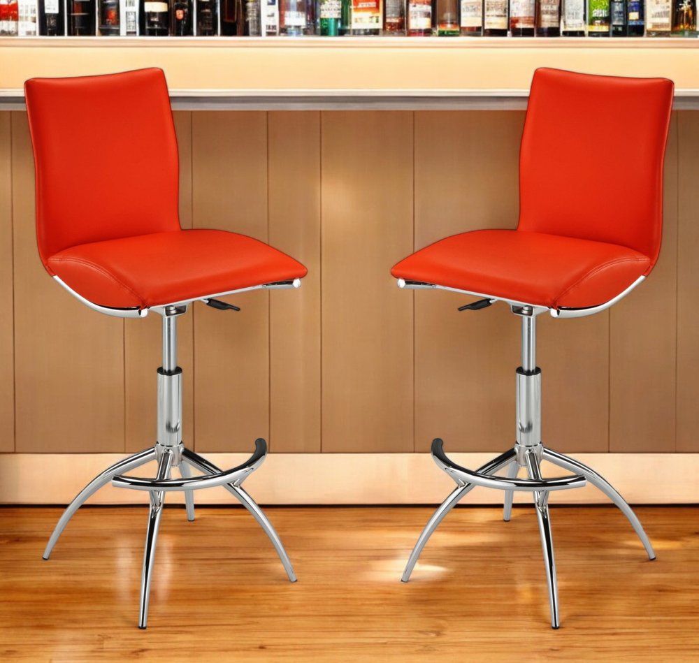Set of Two Red and Silver Faux Leather and Metal Low Back Adjustable Height Bar Chairs HomeRoots