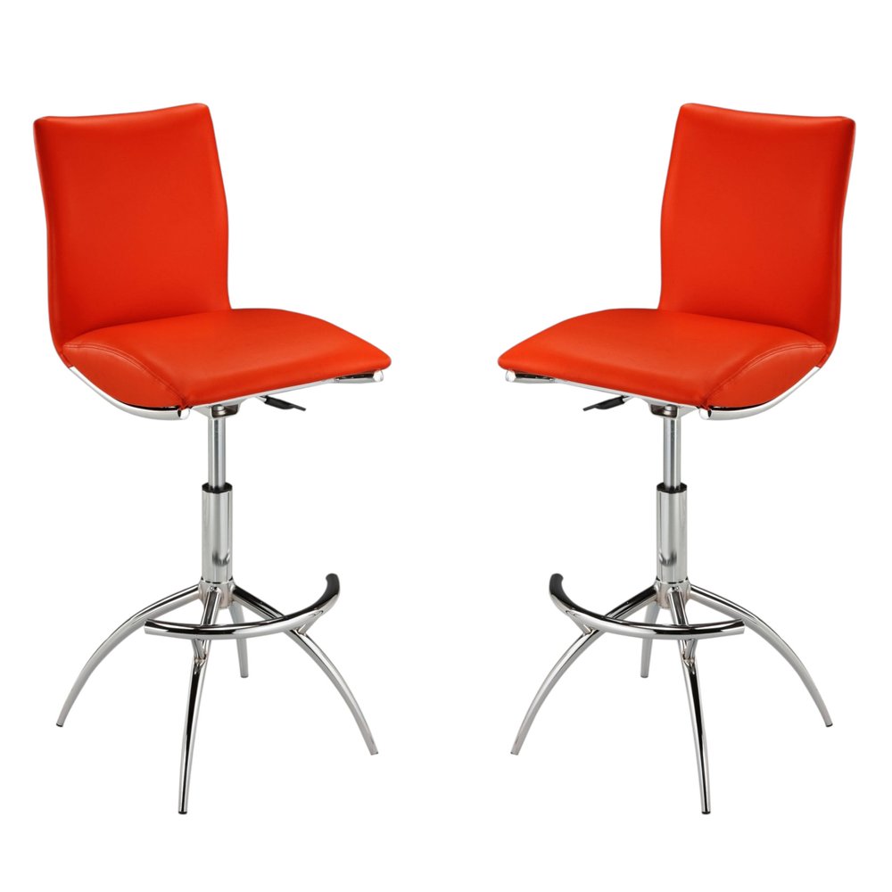 Set of Two Red And Silver Faux Leather And Metal Low Back Adjustable Height Swivel Bar Chairs HomeRoots