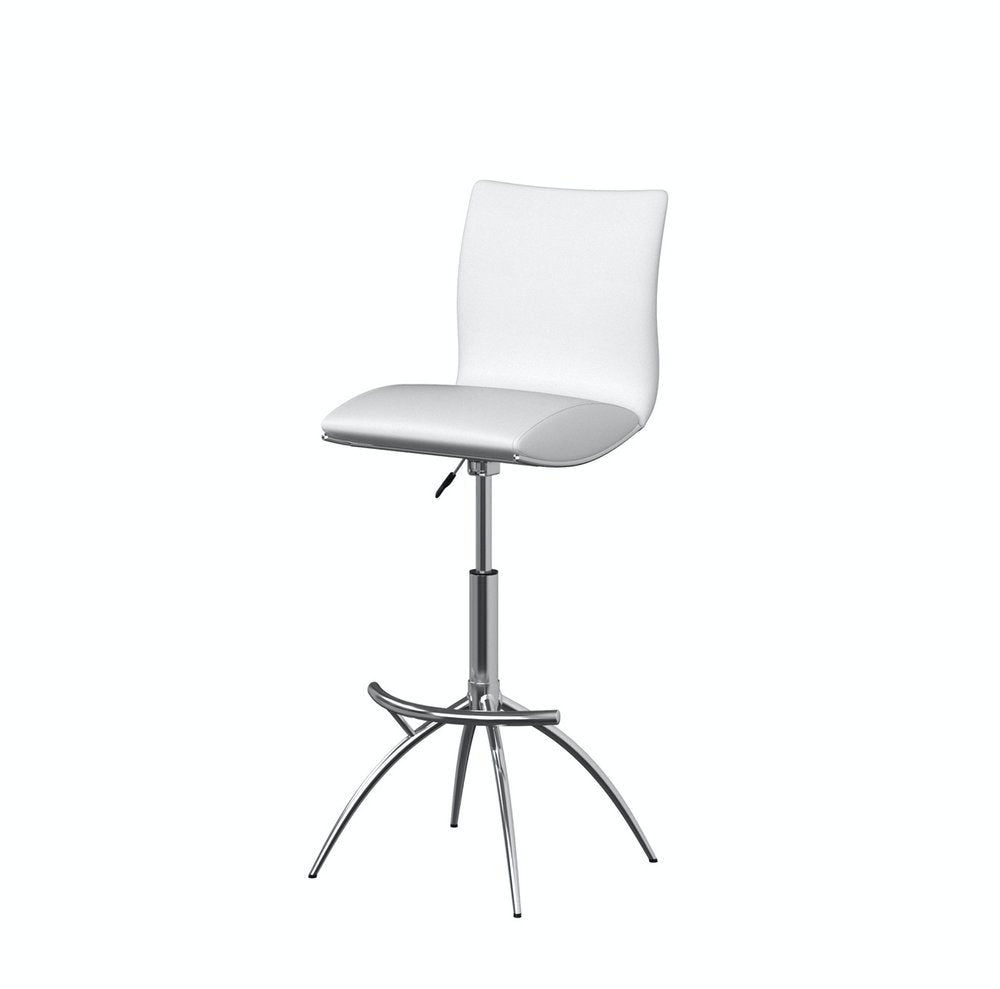 Set of Two White And Silver Faux Leather And Metal Low Back Adjustable Height Swivel Bar Chairs HomeRoots