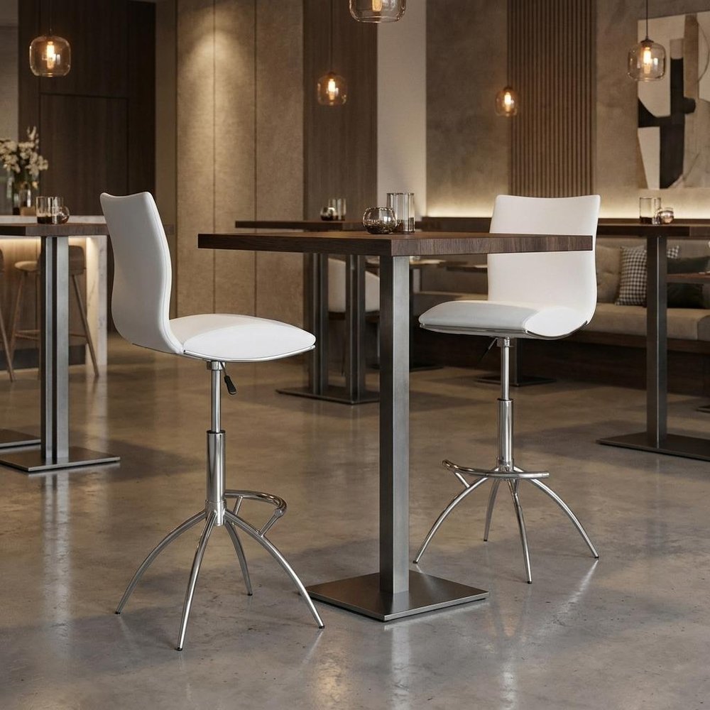 Set of Two White And Silver Faux Leather And Metal Low Back Adjustable Height Swivel Bar Chairs HomeRoots