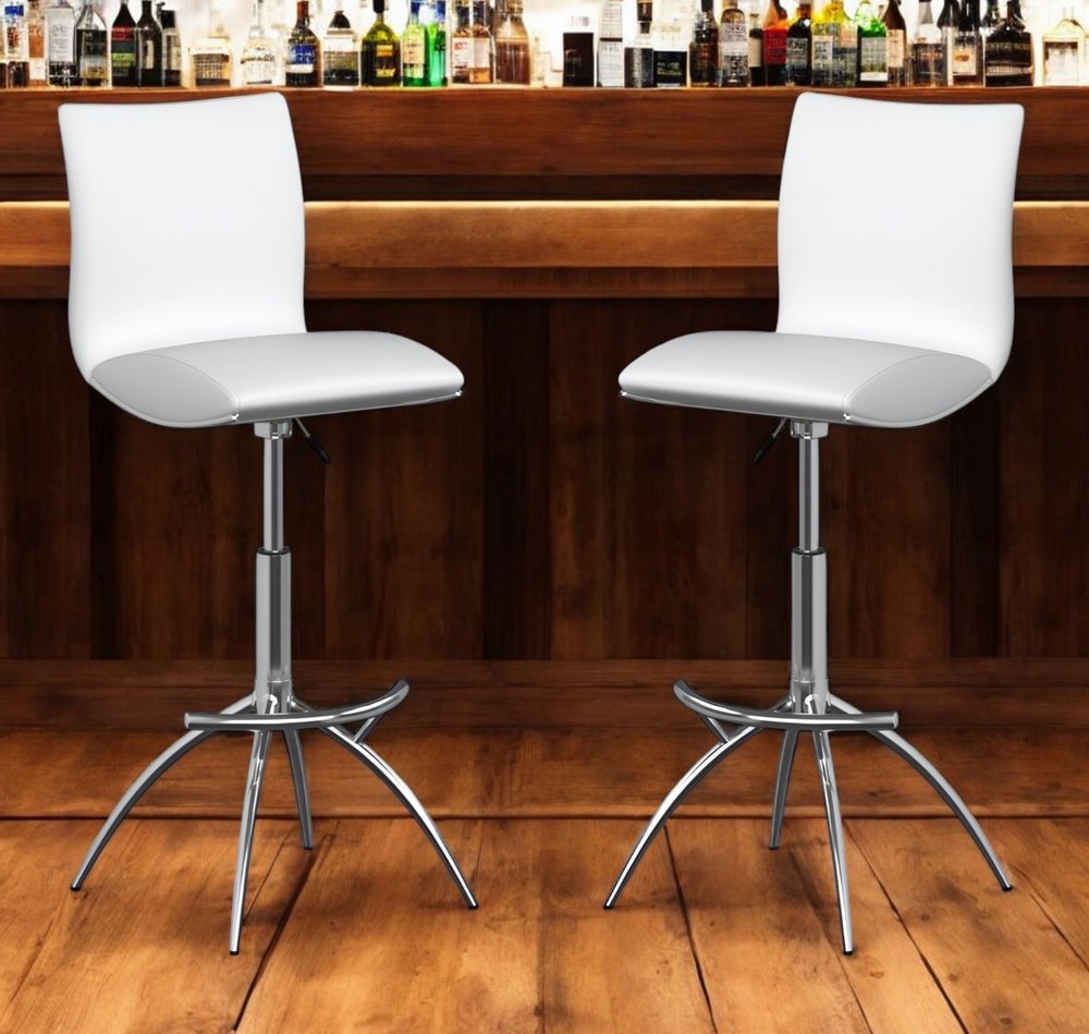Set of Two White and Silver Faux Leather and Metal Low Back Adjustable Height Bar Chairs HomeRoots