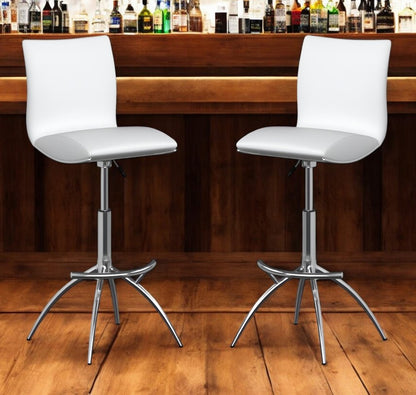 Set of Two White and Silver Faux Leather and Metal Low Back Adjustable Height Bar Chairs HomeRoots