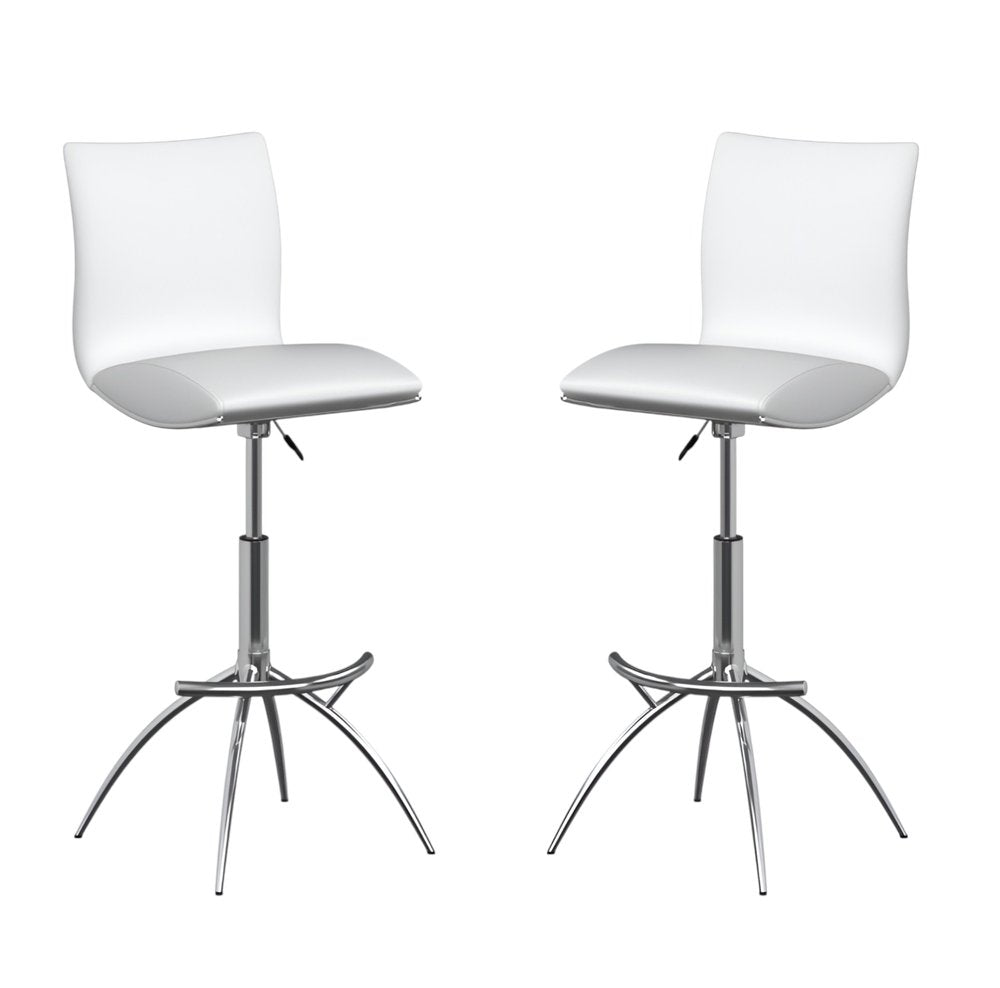 Set of Two White And Silver Faux Leather And Metal Low Back Adjustable Height Swivel Bar Chairs HomeRoots