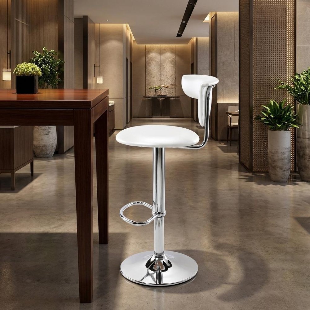 White And Silver Faux Leather And Metal Low Back Adjustable Height Bar Chair HomeRoots