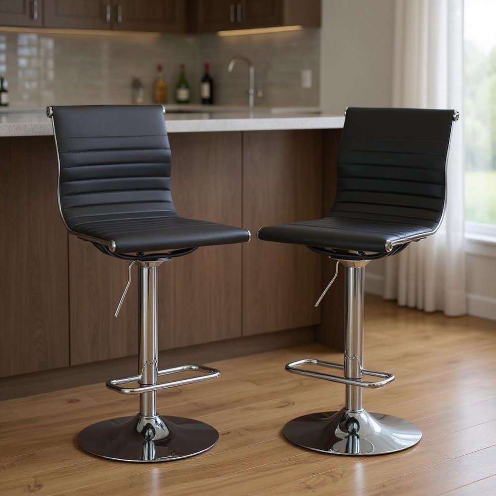 Set of Two Black And Silver Faux Leather And Metal Low Back Adjustable Height Bar Chairs HomeRoots