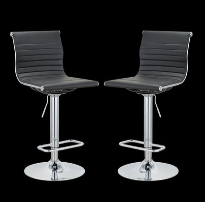 Set of Two Black And Silver Faux Leather And Metal Low Back Adjustable Height Bar Chairs HomeRoots