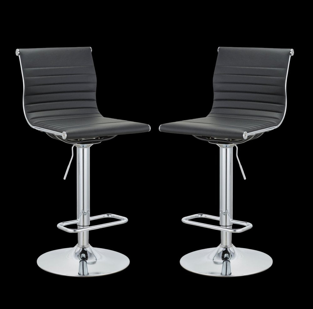 Set of Two Black And Silver Faux Leather And Metal Low Back Adjustable Height Bar Chairs HomeRoots