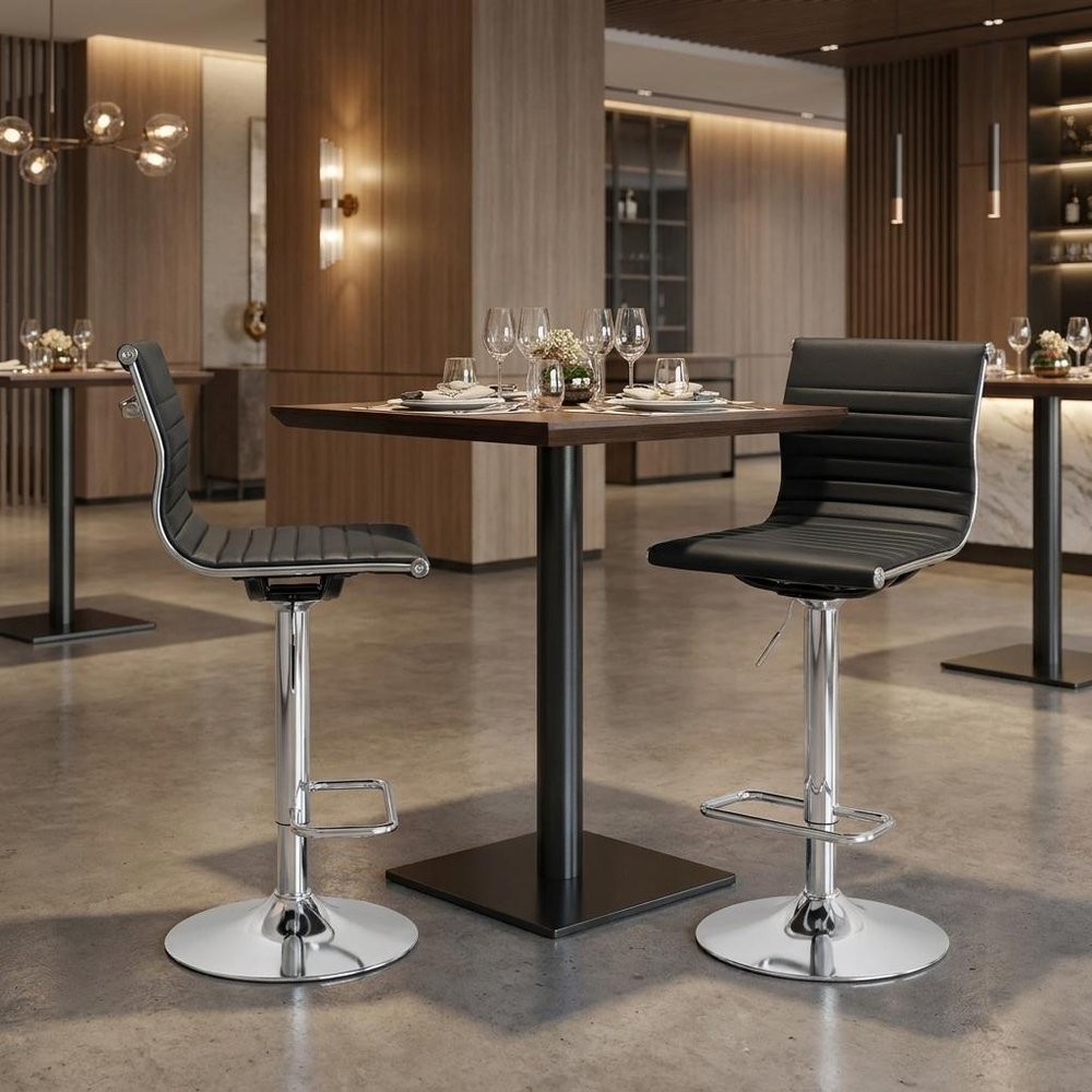 Set of Two Black And Silver Faux Leather And Metal Low Back Adjustable Height Bar Chairs — view 9