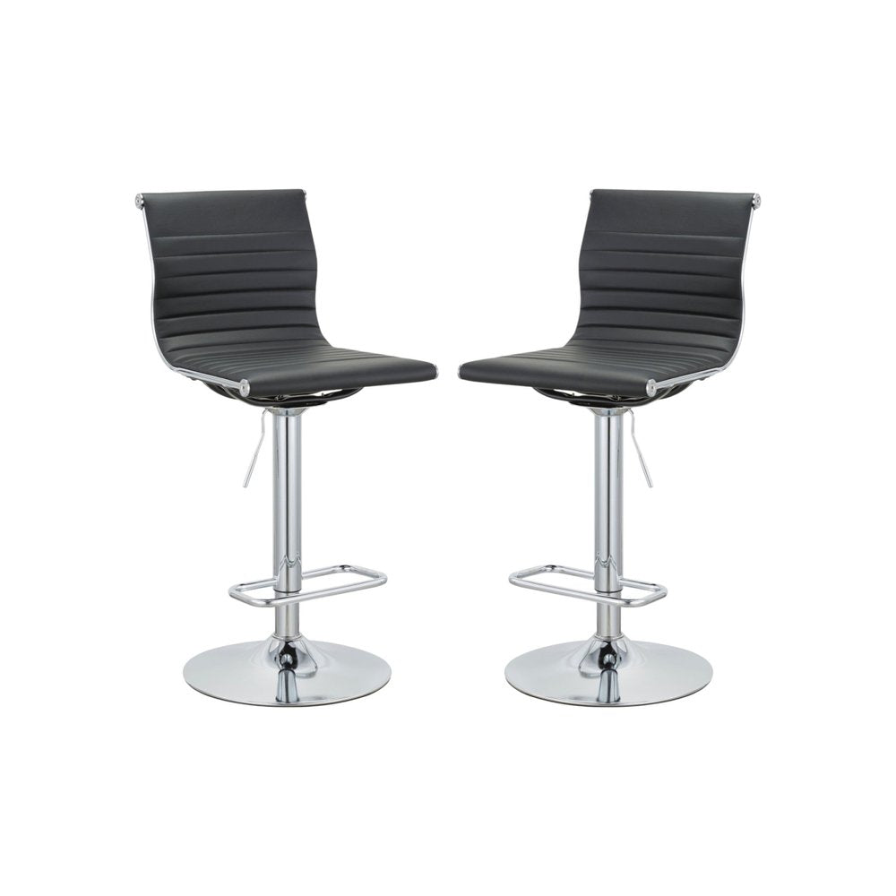 Set of Two Black And Silver Faux Leather And Metal Low Back Adjustable Height Bar Chairs HomeRoots