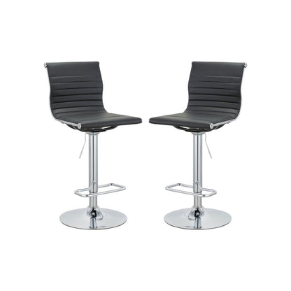 Set of Two Black And Silver Faux Leather And Metal Low Back Adjustable Height Bar Chairs HomeRoots