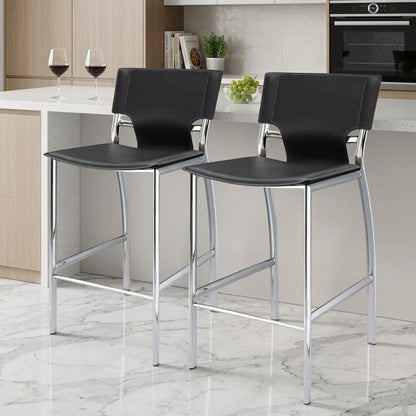 Set of Two 25" Gray And Silver Faux Leather And Metal Low Back Counter Height Bar Chairs HomeRoots