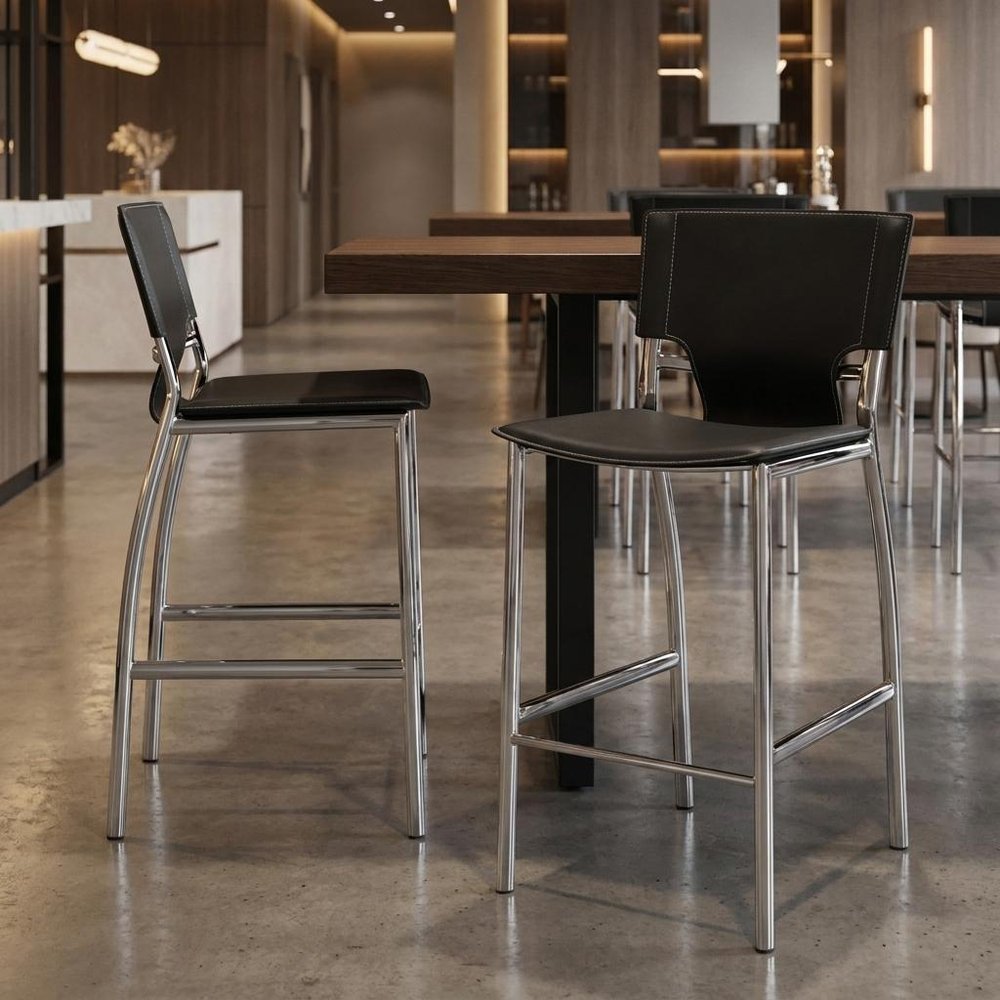 Set of Two 25" Gray And Silver Faux Leather And Metal Low Back Counter Height Bar Chairs — view 8