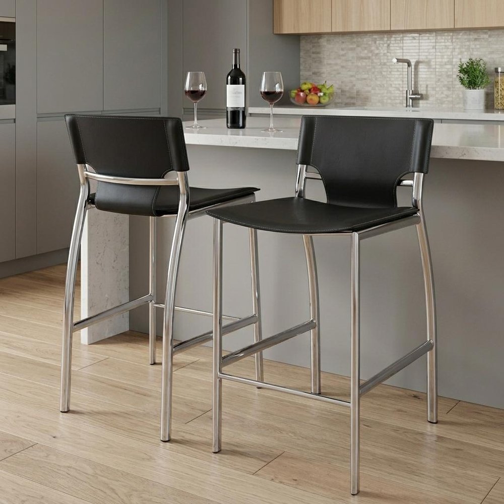 Set of Two 25" Black And Silver Faux Leather And Metal Low Back Counter Height Bar Chairs HomeRoots