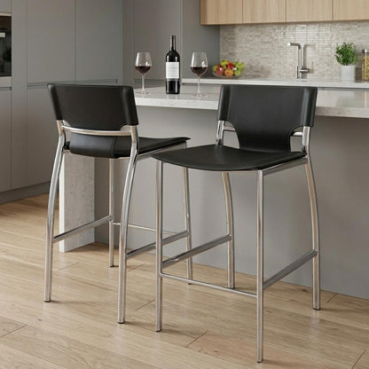 Set of Two 25" Black And Silver Faux Leather And Metal Low Back Counter Height Bar Chairs HomeRoots