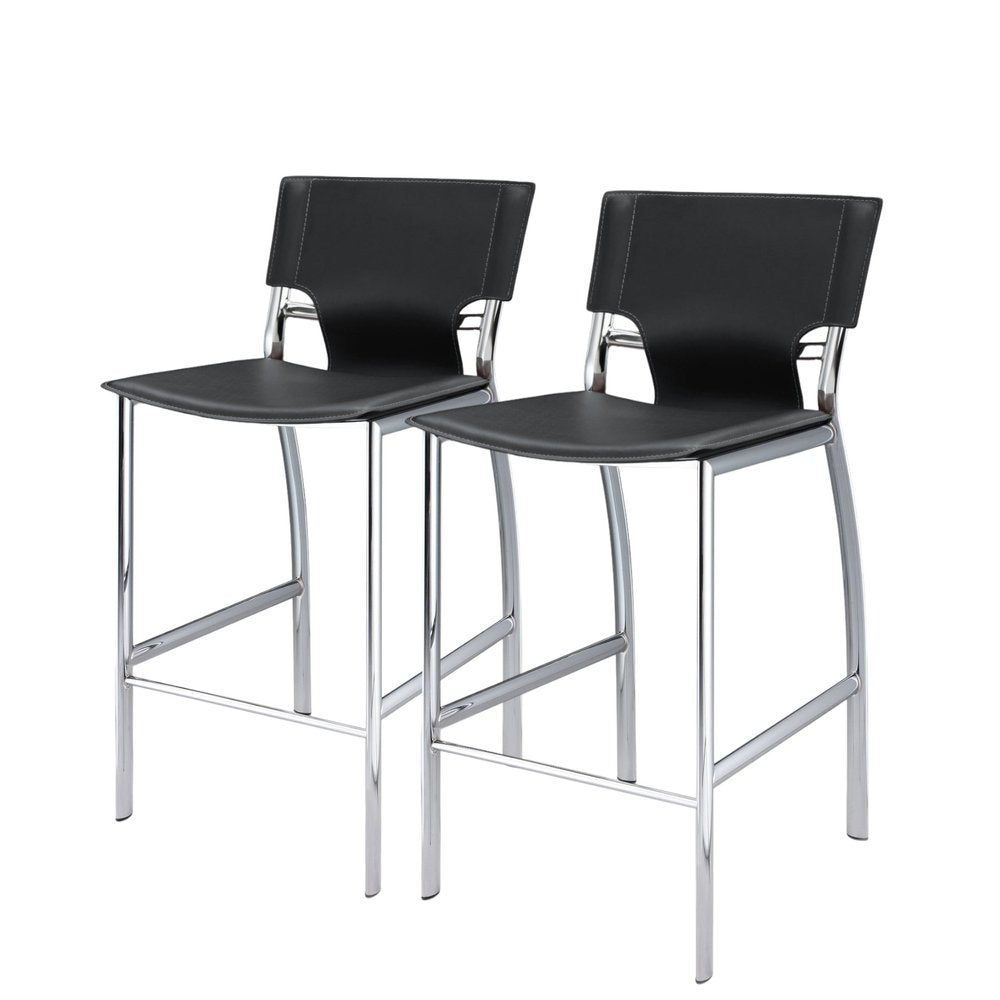 Set of Two 25" Black And Silver Faux Leather And Metal Low Back Counter Height Bar Chairs HomeRoots