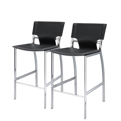Set of Two 25" Black And Silver Faux Leather And Metal Low Back Counter Height Bar Chairs HomeRoots