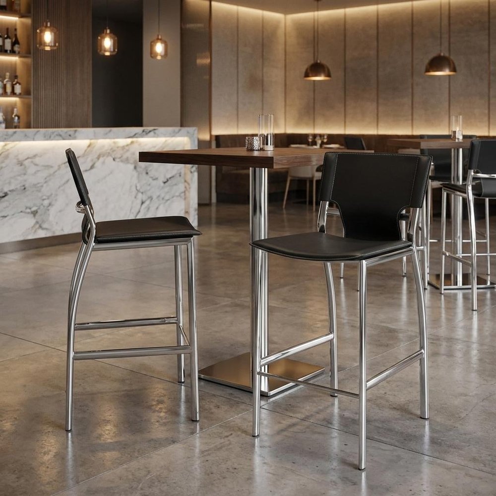 Set of Two 25" Black And Silver Faux Leather And Metal Low Back Counter Height Bar Chairs HomeRoots