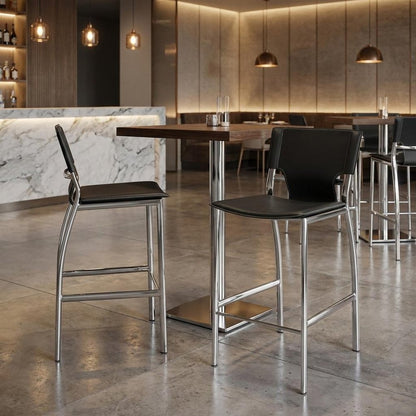 Set of Two 25" Black And Silver Faux Leather And Metal Low Back Counter Height Bar Chairs HomeRoots
