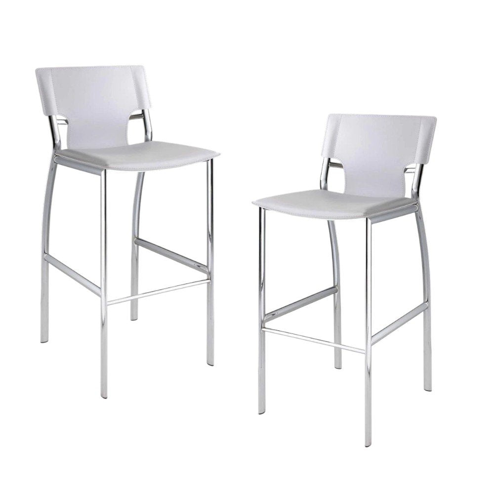Set of Two 25" White And Silver Faux Leather And Metal Low Back Counter Height Bar Chairs HomeRoots