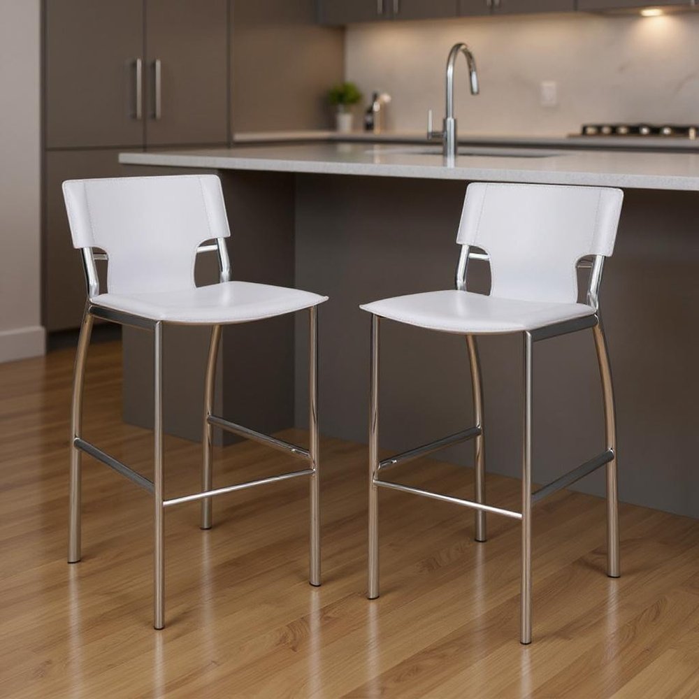 Set of Two 25" White And Silver Faux Leather And Metal Low Back Counter Height Bar Chairs HomeRoots