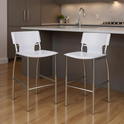 Set of Two 25" White And Silver Faux Leather And Metal Low Back Counter Height Bar Chairs HomeRoots