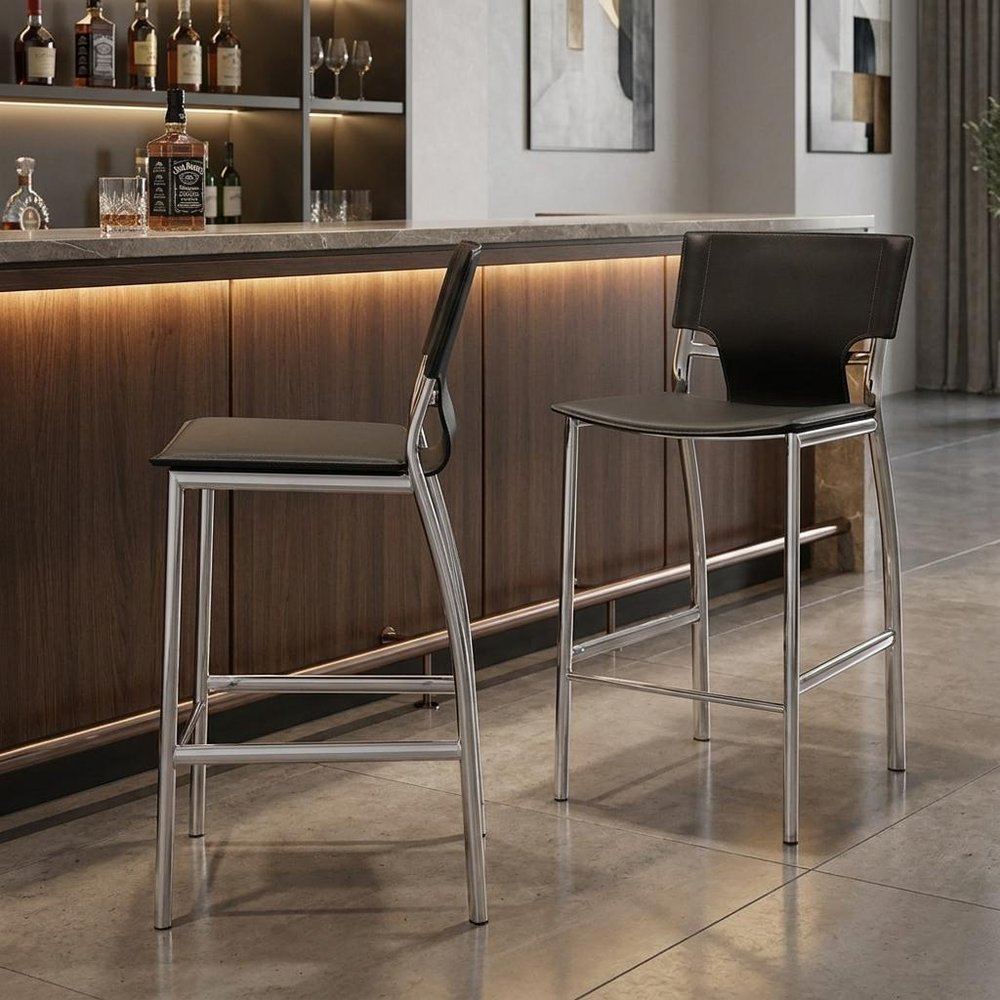 Set of Two 29" Gray And Silver Faux Leather And Metal Low Back Bar Height Bar Chairs — view 8