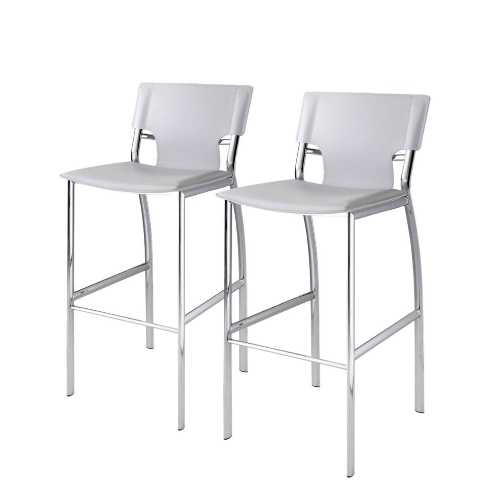 Set of Two 29" White And Silver Faux Leather And Metal Low Back Bar Height Bar Chairs HomeRoots