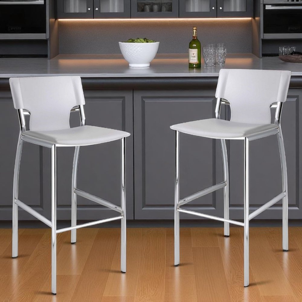 Set of Two 29" White And Silver Faux Leather And Metal Low Back Bar Height Bar Chairs HomeRoots