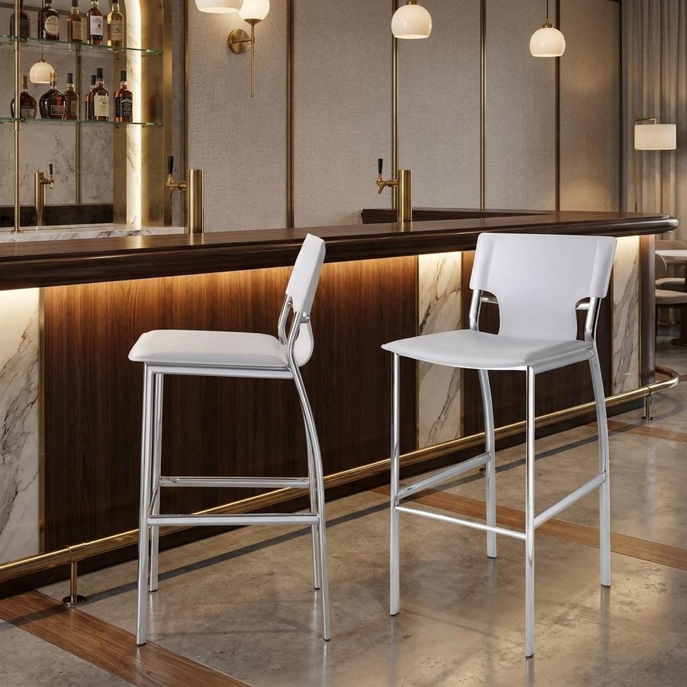 Set of Two 29" White And Silver Faux Leather And Metal Low Back Bar Height Bar Chairs HomeRoots