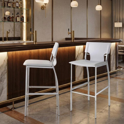 Set of Two 29" White And Silver Faux Leather And Metal Low Back Bar Height Bar Chairs HomeRoots