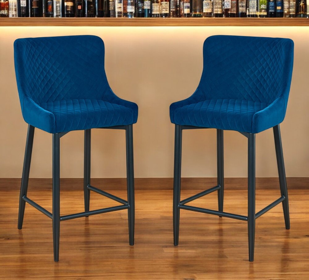 Set of Two 26" Blue and Black Velvet and Metal Low Back Counter Height Bar Chairs HomeRoots