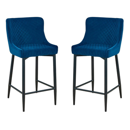 Set of Two 26" Blue And Black Velvet And Metal Low Back Counter Height Bar Chairs HomeRoots
