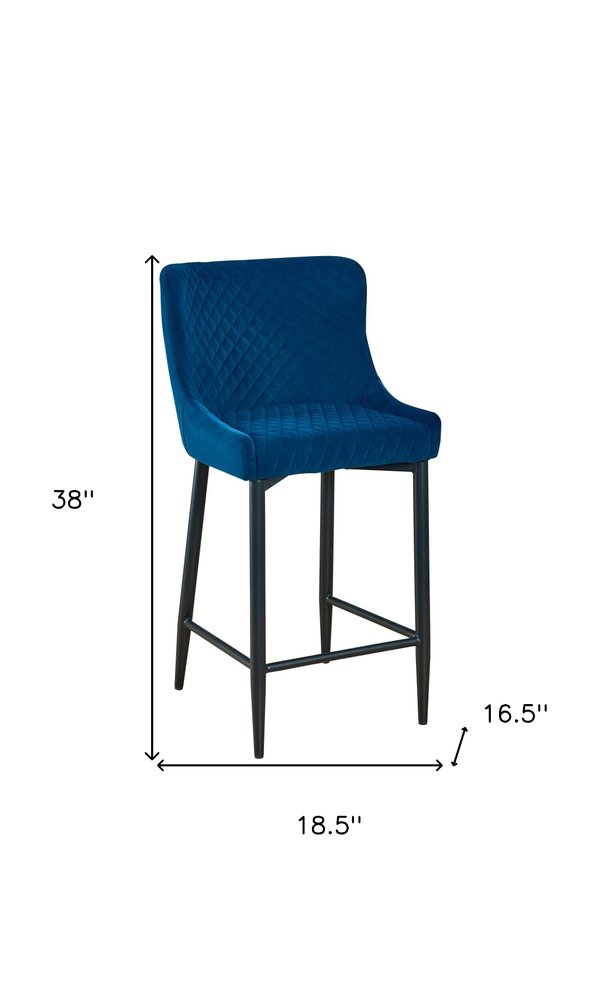 Set of Two 26" Blue And Black Velvet And Metal Low Back Counter Height Bar Chairs HomeRoots