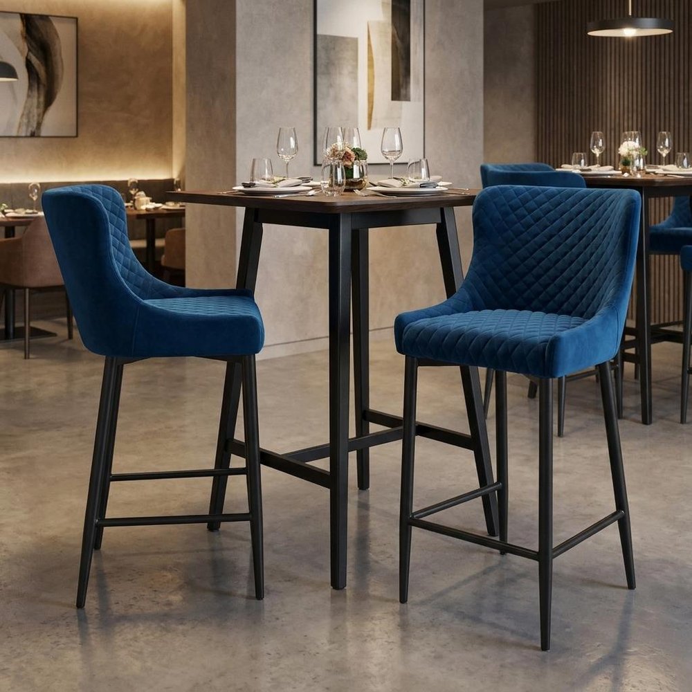 Set of Two 26" Blue And Black Velvet And Metal Low Back Counter Height Bar Chairs — view 8