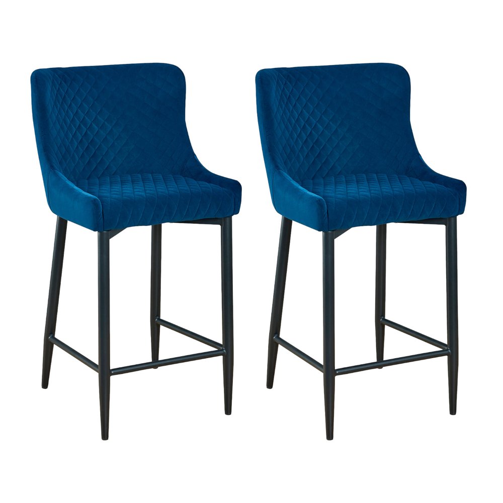 Set of Two 26" Blue And Black Velvet And Metal Low Back Counter Height Bar Chairs HomeRoots