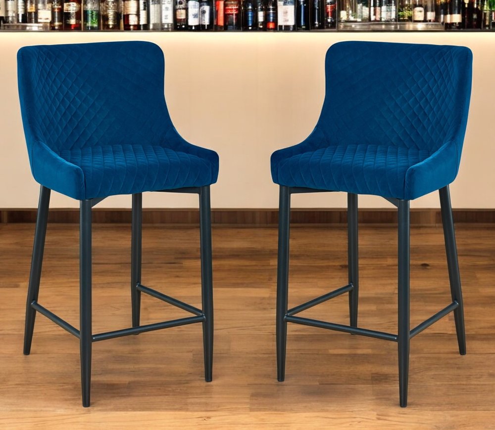Set of Two 26" Blue and Black Velvet and Metal Low Back Counter Height Bar Chairs HomeRoots
