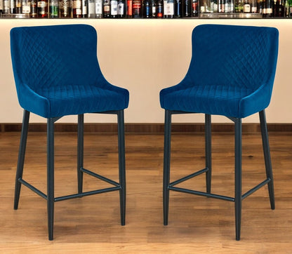 Set of Two 26" Blue and Black Velvet and Metal Low Back Counter Height Bar Chairs HomeRoots