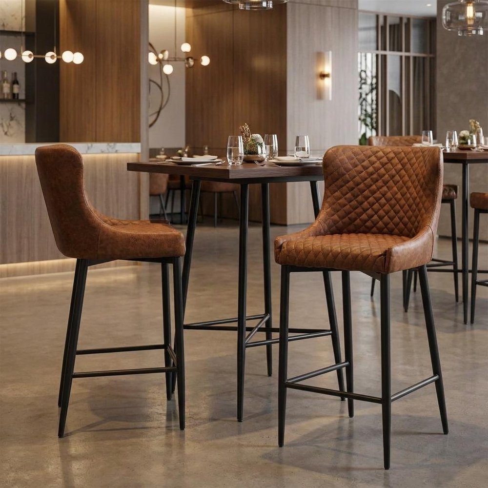 Set of Two 26" Orange And Black Faux Leather And Metal Low Back Counter Height Bar Chairs HomeRoots