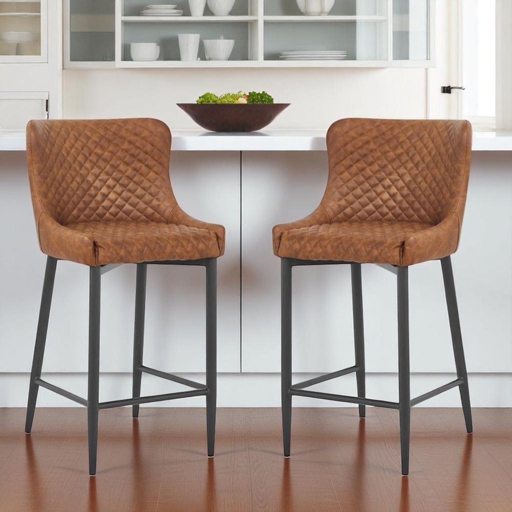 Set of Two 26" Orange And Black Faux Leather And Metal Low Back Counter Height Bar Chairs HomeRoots
