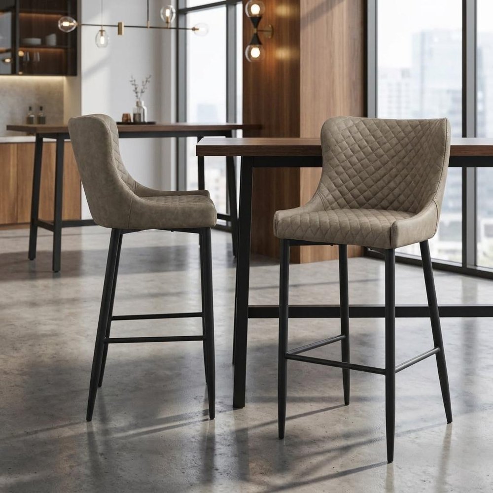Set of Two 26" Gray And Black Faux Leather And Metal Low Back Counter Height Bar Chairs HomeRoots
