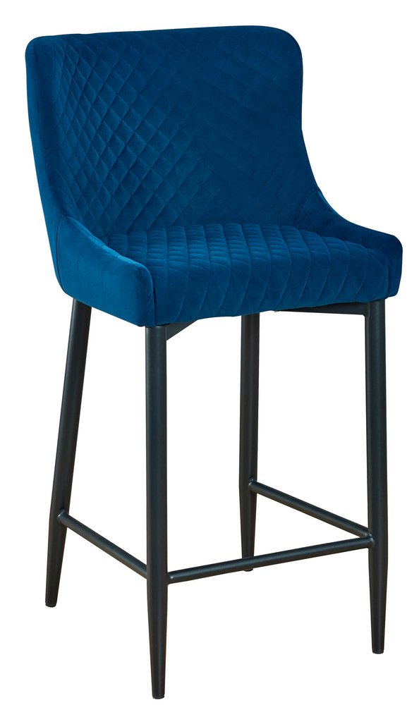 Set of Two 30" Blue And Black Velvet And Metal Low Back Bar Height Bar Chairs HomeRoots