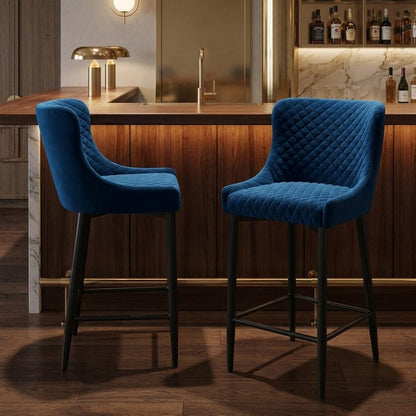 Set of Two 30" Blue And Black Velvet And Metal Low Back Bar Height Bar Chairs HomeRoots