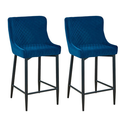 Set of Two 30" Blue And Black Velvet And Metal Low Back Bar Height Bar Chairs HomeRoots